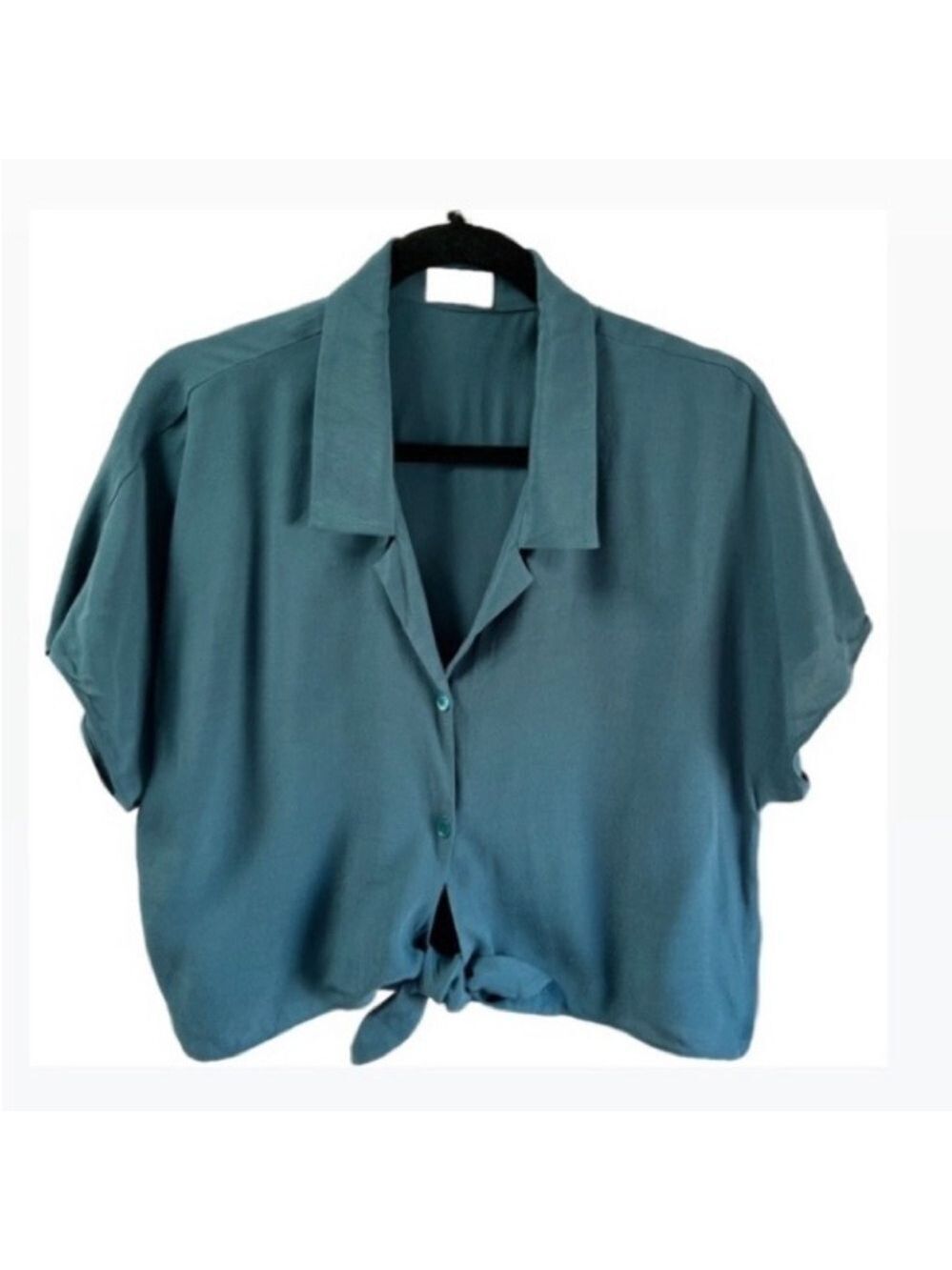 Aritzia Wilfred Teal Front Tie Cropped Blouse.